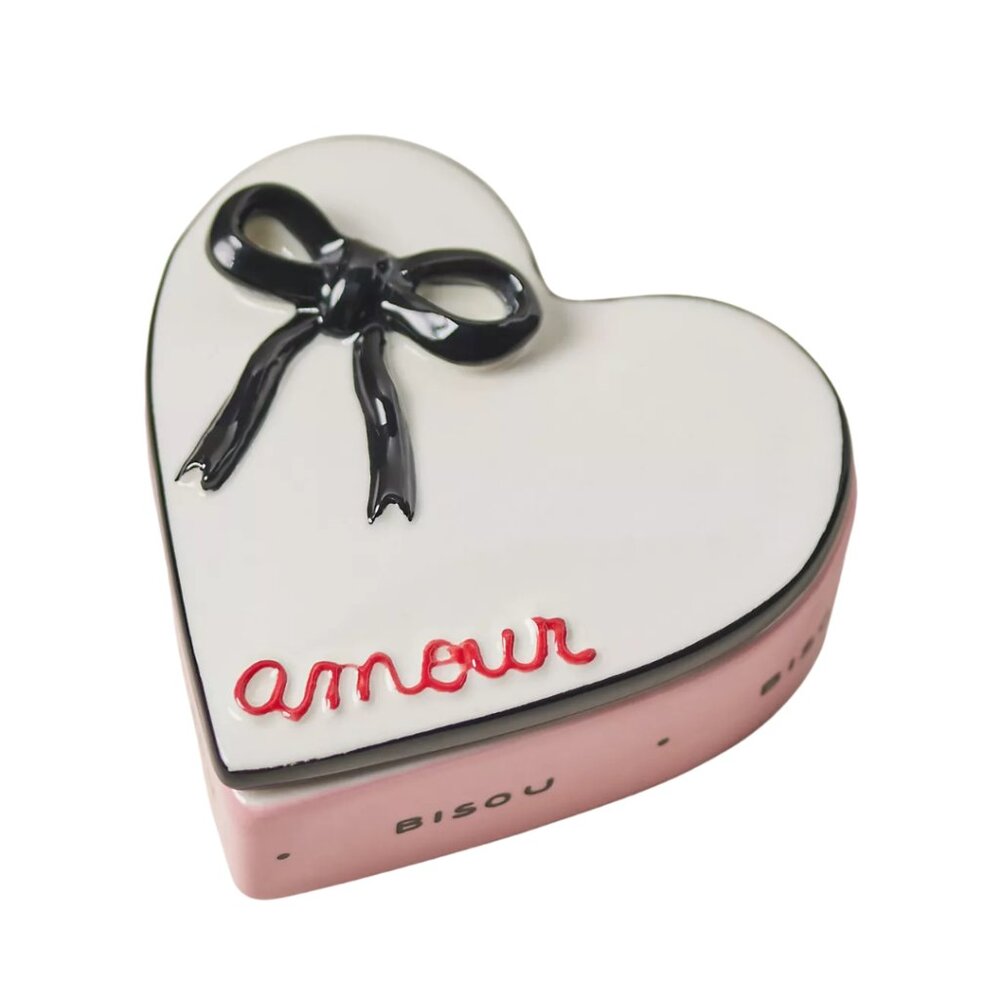 Bisou Bisou Heart Jewelry Box with Black Bow and Pink Base